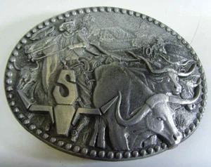 Hebilla de cinturón de metal vintage vaqueros occidentales cuerno largo ganado conducir carne 44047 - Imagen 1 de 5
