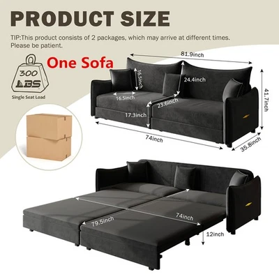 Sofá cama cama de terciopelo, sofá cama extraíble chaise cama extraíble tamaño king cama tapizada Foto 1 de 4