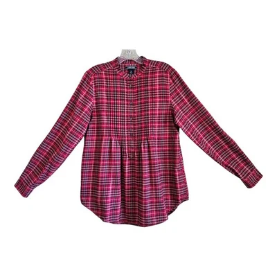Blusa túnica LANDS END para mujer 10 roja a cuadros pintuck pliegues botones largos Slv 38" Foto 1 de 4