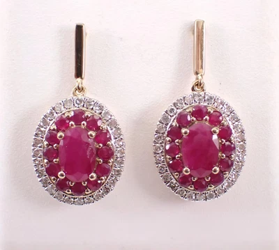 3Ct Oval Cut Lab-Created Red Ruby Cluster Drop Earrings 14K Yellow Gold Plated - Image 1 of 4