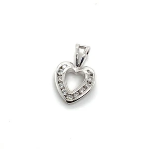 14K White Gold Channel Set Round Diamond Heart Charm Open Loop Bail Pendant - Picture 1 of 12