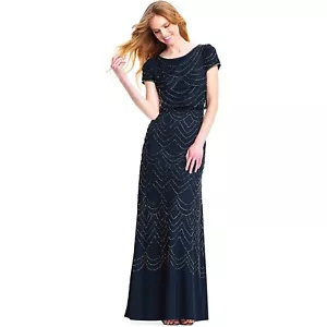 Adrianna Papell Women's Sz. 10 Navy Short Sleeve Blouson Beaded Gown NWD - Picture 1 of 12