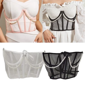 Corsé ancho de cadena de perlas Bustiers para mujer cinturón malla transparente corsé cintura alta - Imagen 1 de 15
