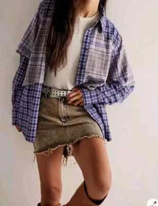 Free People 'Layer It Up Plaid' Top, Blue Combo - X-SMALL - BNWT - RRP £158 - Picture 1 of 9