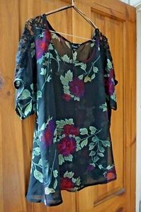 Black purple red sheer lace trim ethnic hippie boho gypsy floral over tunic top - Picture 1 of 6