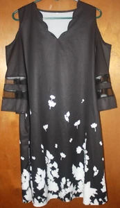 Silky Black Floral Dress Cold Shoulder 3/4 Peek-A-Boo Sleeves Coctail Party NWOT - Picture 1 of 7