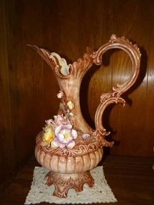 VINTAGE LARGE CAPODIMONTE PITCHER WITH HANDLE, SPOUT FLOWERS 22" HIGH - Picture 1 of 1