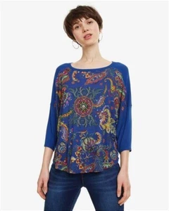 Desigual Womens Blue Scoop Neck Paisley 3/4 Sleeve Pullover Blouse Size Medium - Picture 1 of 7