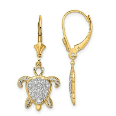 Real 14kt & White Rhodium Diamond Cut Filigree Turtle Leverback Earrings - Image 1 of 4