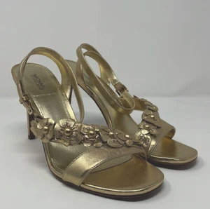 *NEW* Michael Kors Tricia Sandal Heels Metallic Leather Women 8.5 Gold Flowers - Picture 1 of 11