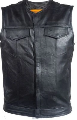 MEN'S MOTORCYCLE SON OF ANARCHY COLLARLESS LEATHER VEST 2 GUN POCKETS INSIDE    - Image 1 of 4