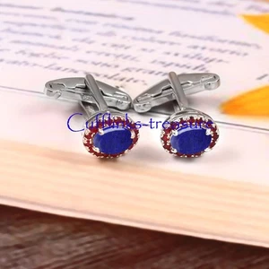 Natural Lapis & Ruby Gemstones with 925 Sterling Silver Cufflinks For Men's #790 - Picture 1 of 7