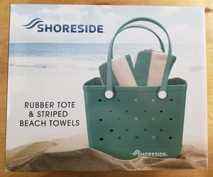Shoreside Rubber Tote & 2 striped beach towels Green New IN BOX - Picture 1 of 4