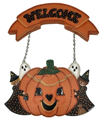 CUTE Vgt 1986 Hand Painted Wood Welcome Hanging Sign Fall Halloween Pumpkin - Image 1 of 4