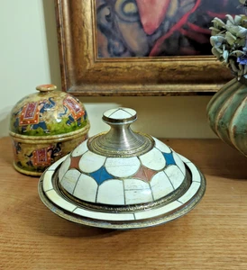 Moroccan Brass & Bone Lidded Takine Dish - Picture 1 of 7