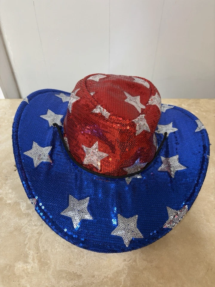 Sombrero Vaquero Vaquera Lentejuelas Rojo Blanco Azul Estrellas Patriótico 4 de Julio Usado en Excelente Condición Foto 1 de 4