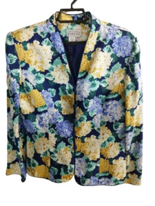 Adrianna Papell Seidenjacke Allover Blumen Damen Gr. 10 blau Blazer Knopfleiste - Bild 1 von 12