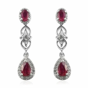Natural Ruby Dangling Earrings in Platinum Over Sterling Silver 2.10 ctw - Picture 1 of 5
