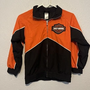 Vintage Harley Davidson Youth Size 7 Zip Up Lined Jacket Black Orange Flame - Picture 1 of 6
