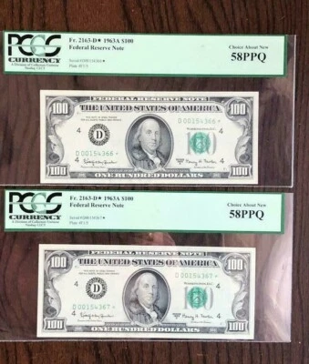Rare 1963 Two Consecutive 100 Dollars PCGS 58 Banknotes - Image 1 of 2