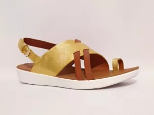 SANDALIAS FITFLOP LOOPY PRECIO DE VENTA SUGERIDO POR EL FABRICANTE £85 MARRÓN Y DORADO CUERO GENUINO CABESTRILLO TRASERO - Imagen 1 de 11