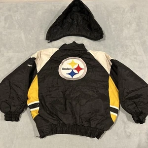 VTG Y2K Reebok Pittsburgh Steelers Puffer Hoodie Youth Small Vintage Jacket READ - Picture 1 of 17
