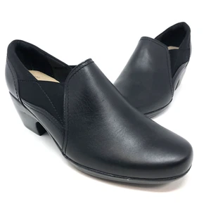 Clarks Shoes Womens 8.5 Emily Amelia Black Faux Leather Comfort Low Heel Slip On - Picture 1 of 12