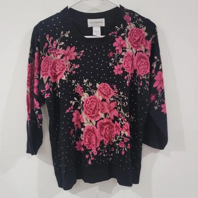 Womens Lightweight Sweater Size Petite Large Floral Rhinestones Artsy Evening - Image 1 of 4