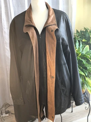 Chaqueta Johnston & Murphy Para Hombre Talla 42 Negra Piel de Cordero con Acentos Marrón Cremallera Completa Foto 1 de 4