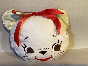 Vintage Katze Bär Kissen Stickerei Gesicht Handarbeit Schleife Ohren 60er Jahre - Bild 1 von 5
