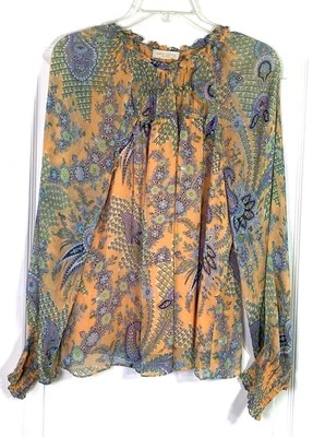 RAMY BROOK Floral Paisley Crinkle Chiffon Ruffle Keyhole V-Neck Blouse Top S 4/6 Foto 1 de 4