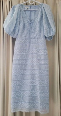 ML Monique LHillier Vestido Azul Claro Bordado Talla 8 Mujer Manga Abullonada Cremallera Foto 1 de 4