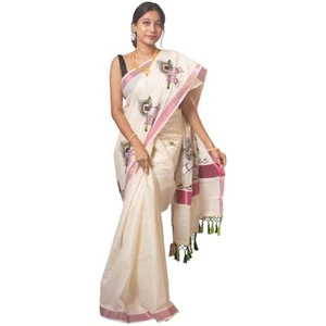 Women's Kerala Kasavu Embroidry Cotton Saree With Running Blouse Piece - Picture 1 of 3