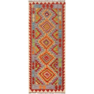Traditional Hand-Knotted Oriental Afghan Runner Kilim Wool Rug 2'5x6'2 ft B30544 - Image 1 of 4