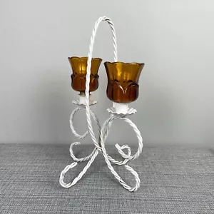 VTG Cottagecore Boho White Twisted Metal Amber Glass Candle Holder Centerpiece - Picture 1 of 5