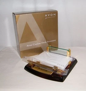 New Avon Elegant Custom Desk Accessory w/ Glass Card Holder . Pad & Goldtone Pen - Picture 1 of 4