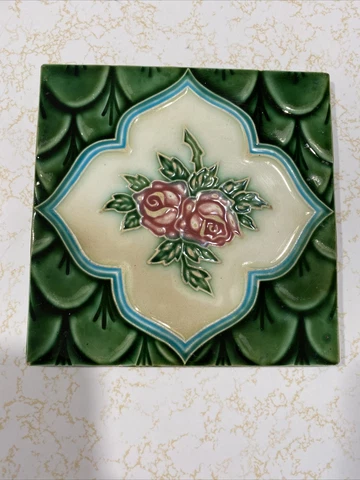 Antique Majolica Tile Japan 1920s Art Nouveau Rose Floral Dark Green 6” Cover