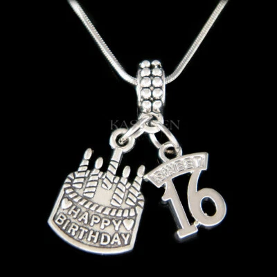 Dolce 16 Collana 16th Buon Compleanno Torta Bambina Figlia Portachiavi Ciondolo - Immagine 1 di 4