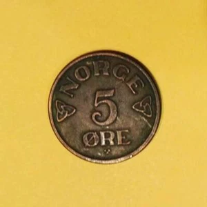 NORWAY 5 Ore (Øre) Bronze coin very fine (VF) Haakon VII 1954 KM #400 - Picture 1 of 2