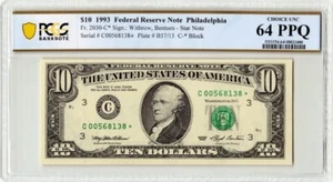 1993 United States Fr.2030-C* PCGS Choice UNC 64 PPQ 10 Dollars Philadelphia - Picture 1 of 2