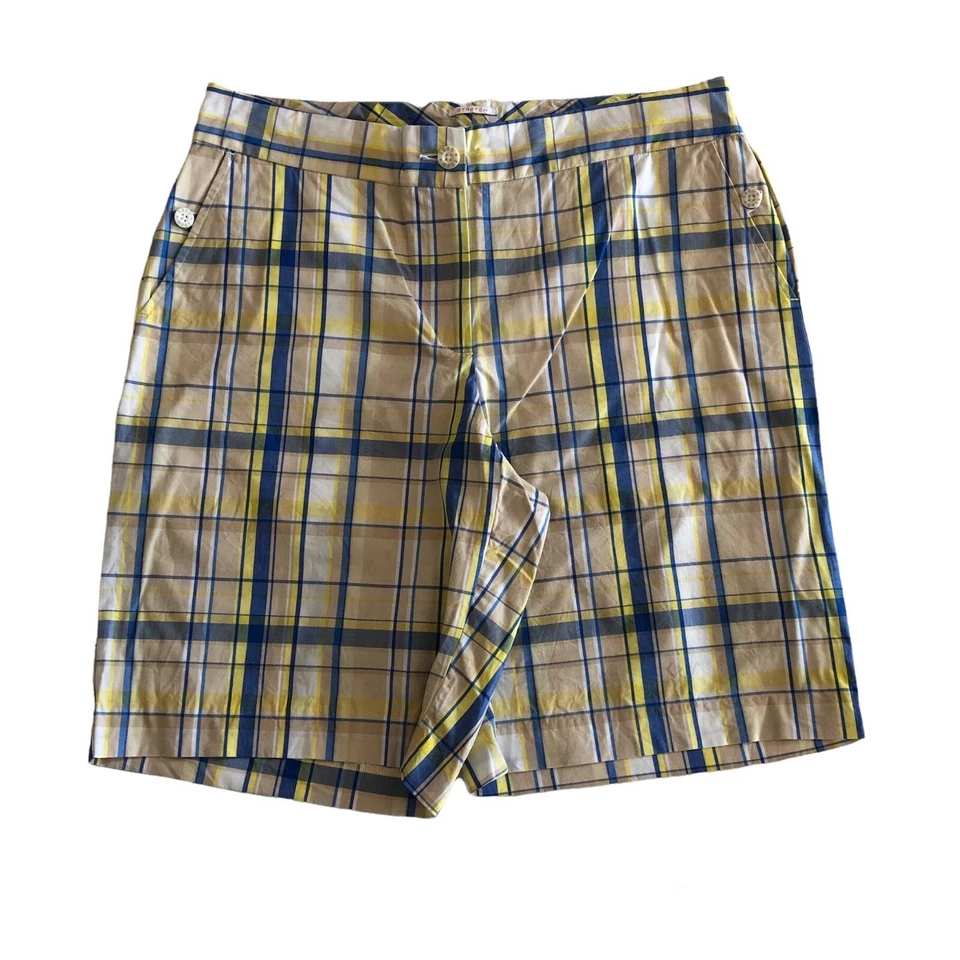 Pantalones Cortos Bermudas Izod XFG Para Mujer 12 Largos A Cuadros Azul Amarillo Tostado Bolsillos Golf Foto 1 de 4