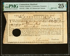 1780's Connecticut Colonial Trerasury Note - Fascinating Colonial Doc - PMG 25 - Picture 1 of 2