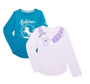 Girls Cute 2 Pack Long Sleeve Unicorn & Fox Graphic Tees, Teal & Purple MEDIUM - Picture 1 of 9