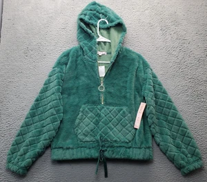 Crave Fame Hoodie Womens Medium Green Faux Fur Cropped Long Sleeve Half Zip - Picture 1 of 9