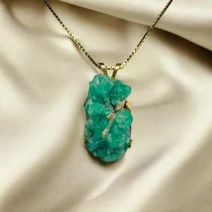 VINTAGE- 14K Gold- Natural Colombian Emerald Necklace 20" 13 Carat Rough Emerald - Picture 1 of 24