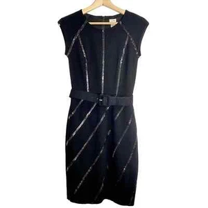 Cache dress black metal sequin detail belted cocktail LBD little black dress 2 - Picture 1 of 9