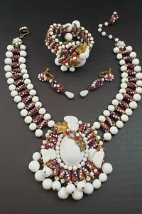 SET collana, bracciale e orecchini vintage MIRIAM HASKELL vetro rosso bianco e blu - Foto 1 di 12