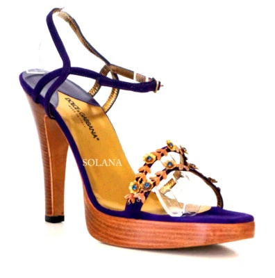 Dolce & Gabbana Ankle Strap Gold Flowers Wood Platform Heel Sandals sz 11.5 New - Image 1 of 4