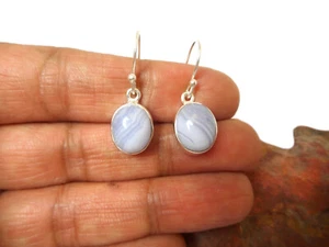Pendientes colgantes ovalados de ágata de encaje azul de plata de ley 925 con piedras preciosas - Imagen 1 de 6