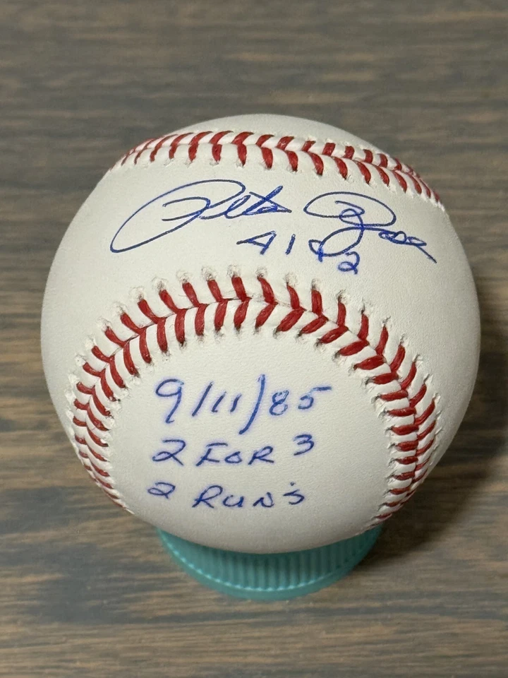 RARE PETE ROSE REDS 4192 9/11/85 2 FOR 3 2 RUNS STAT SIGNED AUTO BASEBALL LCK - Image 1 of 1